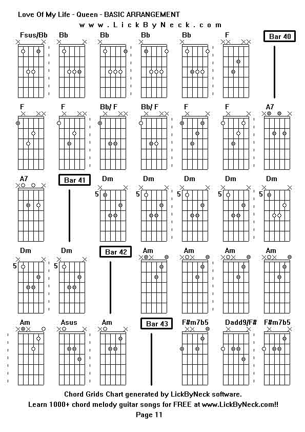 Chord Grids Chart of chord melody fingerstyle guitar song-Love Of My Life - Queen - BASIC ARRANGEMENT,generated by LickByNeck software.